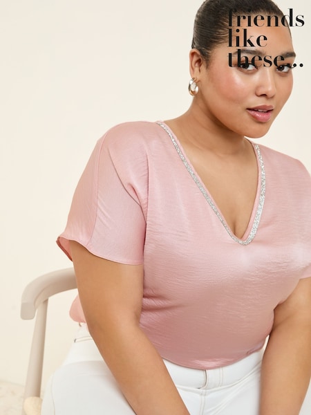 Friends Like These Pale Pink Curve V-Neck Diamante Trim Short Sleeve Blouse (F50208) | AZN 80