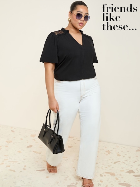 Friends Like These Black Curve Short Sleeve Lace Notch Neck Blouse (F50214) | €38
