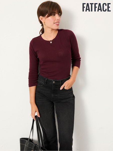 FatFace Callie Burgundy Pointelle 3/4 Sleeve T Shirt (F50238) | AED204