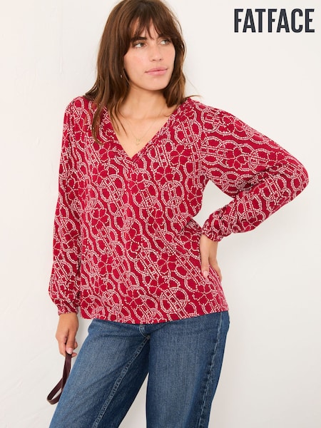 FatFace Margot Red Texture Floral V Neck Top (F50253) | €52