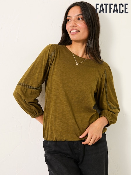 FatFace Cassie Olive Green Broderie Top (F50254) | AED215