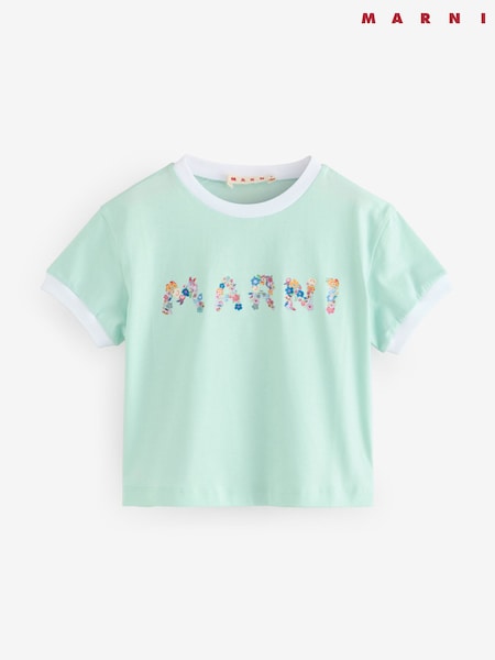أزرق - Marni Floral Logo Cropped T-Shirt (F50287) | ‏495 د.إ.‏