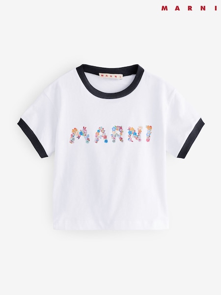 أبيض - Marni Floral Logo Cropped T-Shirt (F50289) | ‏495 د.إ.‏
