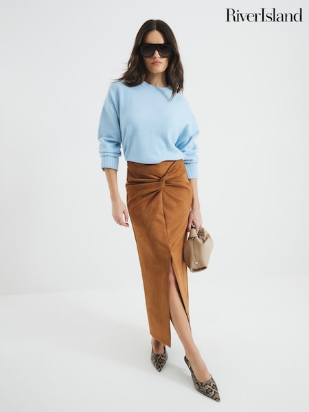 River Island Brown Suede Twist Front Midi Skirt (F50343) | €51