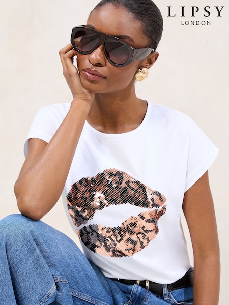 Valkoinen - Lipsy Sequin Lips Print T-Shirt (F50369) | €46