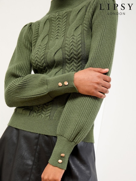 Lipsy Dark Green High Neck Cable Knit Blouson Sleeve Jumper (F50396) | €46