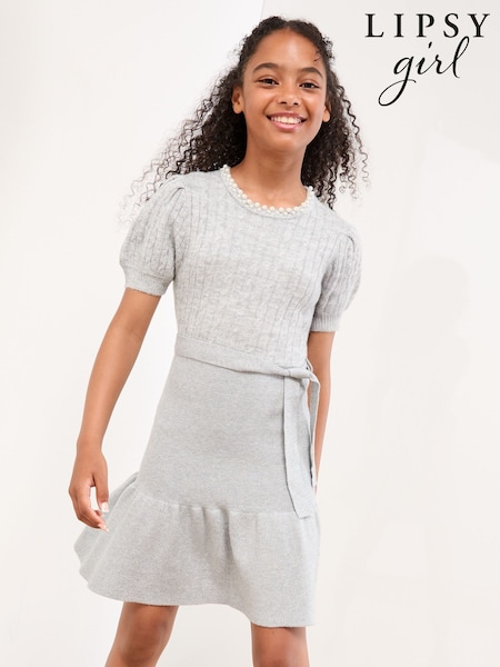 Lipsy Grey Embellished Short Sleeve Knit Dress (5-16yrs) (F50406) | €52 - €62