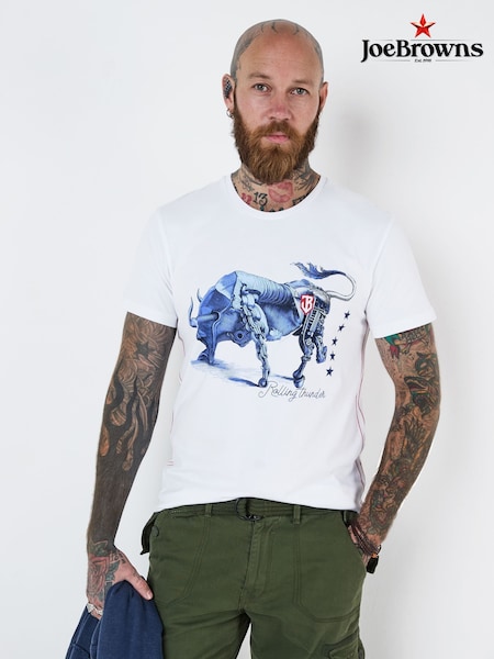 Joe Browns White Hand Drawn Bull Graphic Print 100% Cotton T-Shirt (F50546) | €36