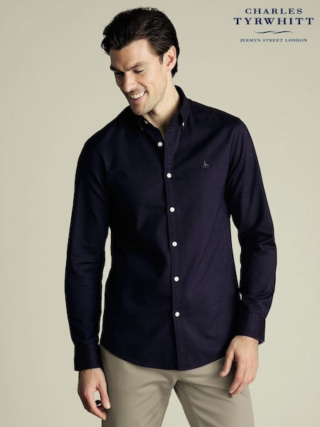 Charles Tyrwhitt Blue Slim Fit Plain Button Down Stretch Washed Oxford 100% Cotton Shirt (F50715) | €86