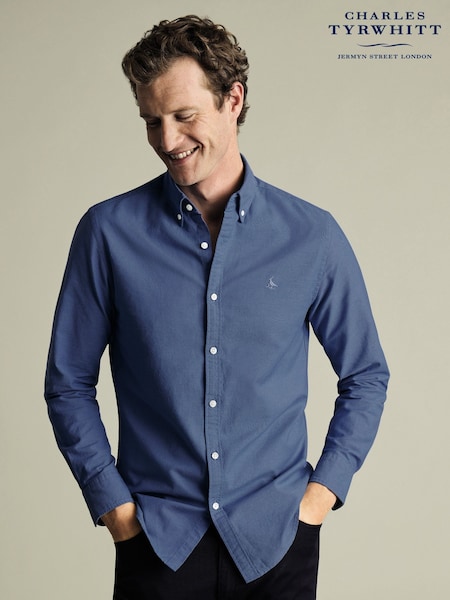 Charles Tyrwhitt Blue Slim Fit Plain Button Down Stretch Washed 100% Cotton Oxford Shirt (F50718) | €93