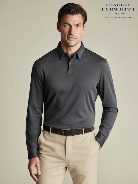 Charles Tyrwhitt Grey Plain Long Sleeve Jersey Smart 100% Cotton Polo Shirt (F50765) | 322 QAR