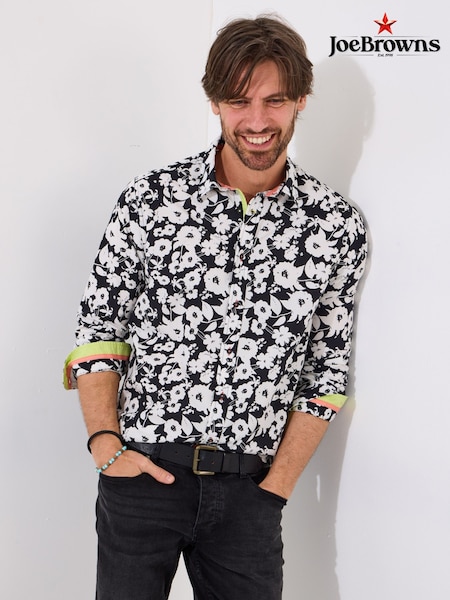 Joe Browns Black Floral Print Long Sleeve 100% Cotton Shirt (F50790) | ₪226