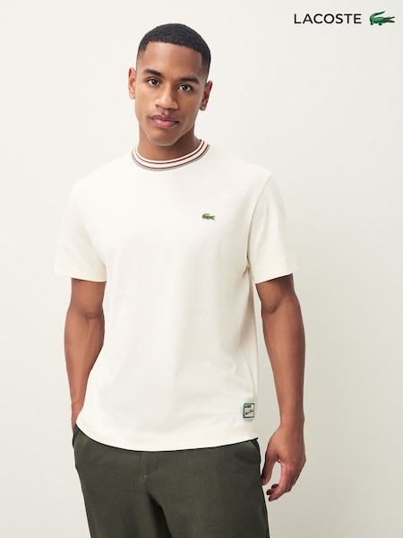 Lacoste Cream Classic Fit French Made Stripe Collar T-Shirt (F50833) | €99