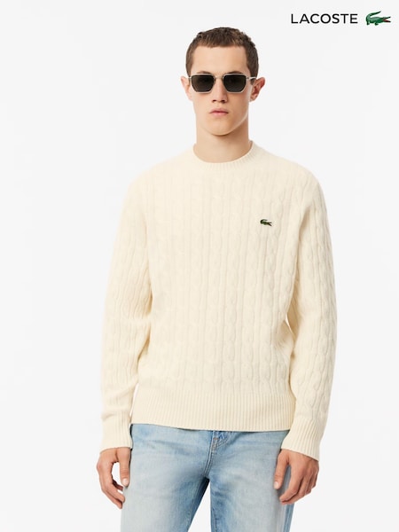 Lacoste Cream Carded Wool Cable Knit Crew Neck Sweater (F50872) | €198