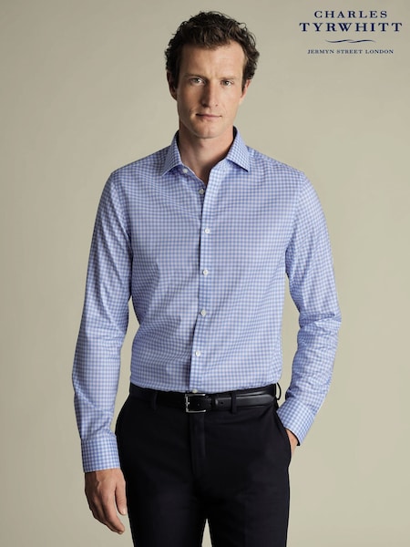Charles Tyrwhitt Blue Slim Fit Cutaway Collar Non Iron Gingham 100% Cotton Shirt (F50971) | €92