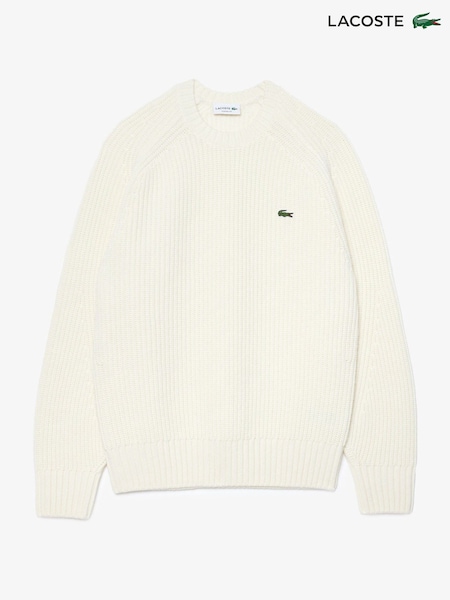 Lacoste Cream Thick Rib Knit Wool Crew Neck Sweater (F51071) | €255
