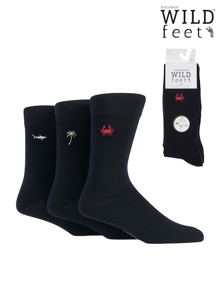 Wild Feet Black Fun Embroidery Cotton Socks 3 pack (F51130) | ₪60