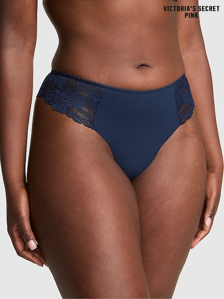 Victoria's Secret PINK Noir Navy Blue Thong No Show Lace Trim Cheeky Knickers (F51191) | €10.50