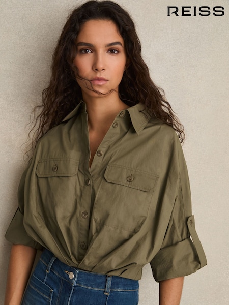 Reiss Khaki Thalia Pleat-Hem Cropped Shirt (F51297) | €198