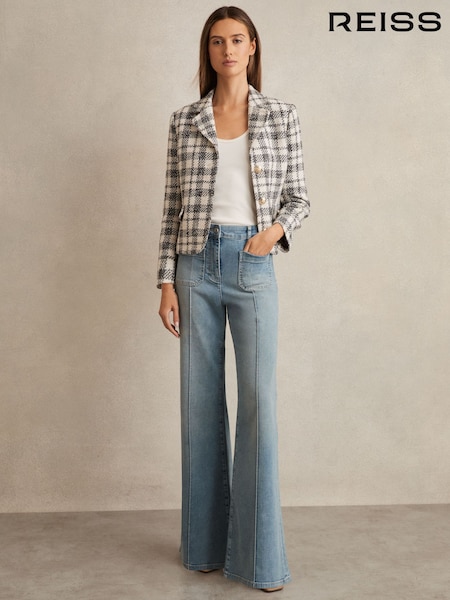 Reiss Grey Check Carly Cotton Blend Check Cropped Jacket (F51299) | €454