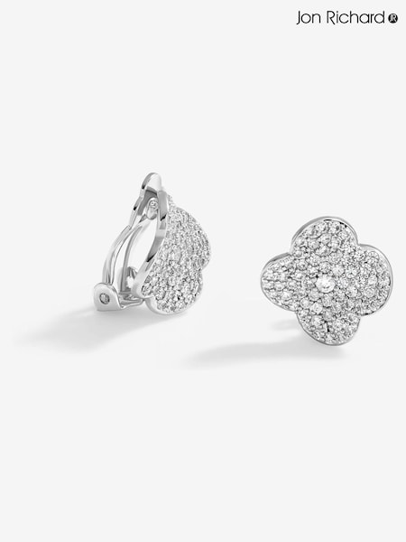 Jon Richard Silver Tone Cubic Zirconia Pave Clover Clip Earrings (F51337) | €29