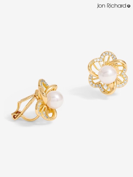 Jon Richard Gold Tone Cubic Zirconia Pearl Flower Clip Earrings (F51368) | €27