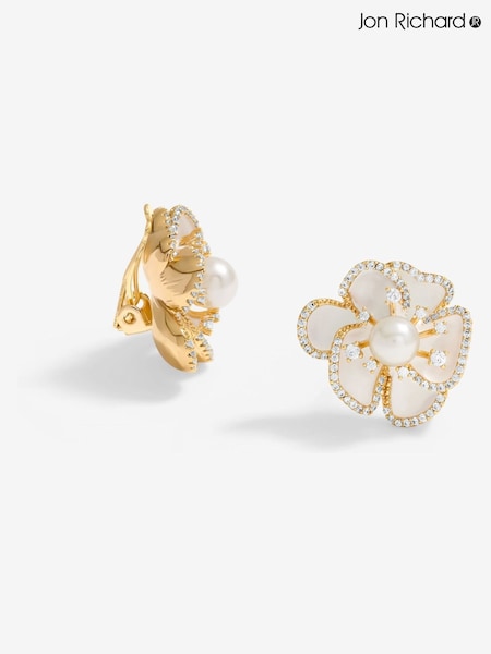 Jon Richard Gold Tone White Floral Print Clip Earrings (F51428) | €33
