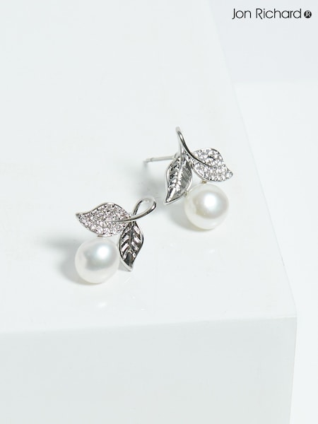 Jon Richard Silver Tone Leaf Cubic Zirconia And Pearl Earrings (F51575) | 89 QAR