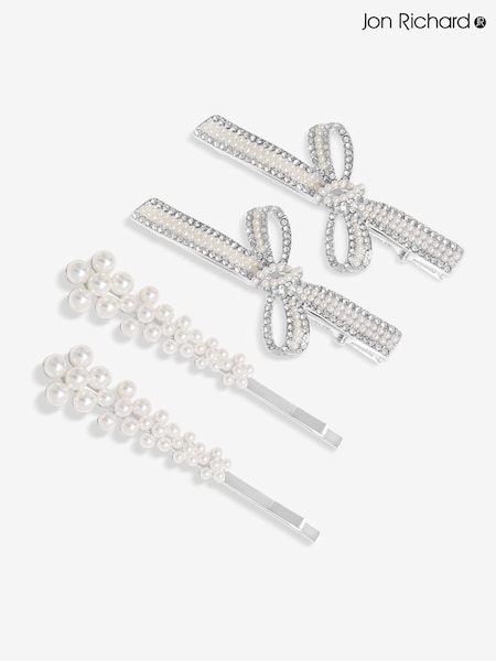 Jon Richard Silver Pearl Bow And Floral Hair Slides Pack Of 4 (F51597) | €18.50