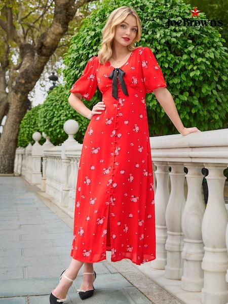 Joe Browns Red Puff Sleeve Floral Print Maxi Dress (F51734) | AED174