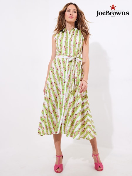 Joe Browns Green Stripe Rose Tie Waist 100% Cotton Dress (F51908) | kr857