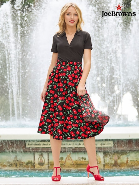 Joe Browns Black Cherry Print Vintage Midi Skirt (F51963) | ₪277
