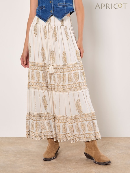 Apricot Cream Gold Print Tassel Maxi Skirt (F52090) | €58