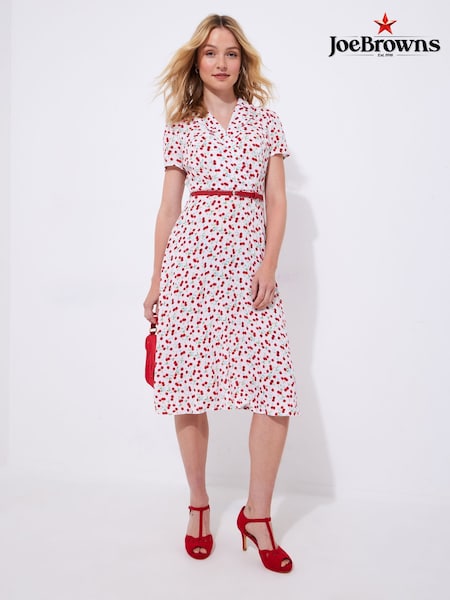 Joe Browns White Petite Cherry Print Tie Waist Midi Dress (F52145) | €77