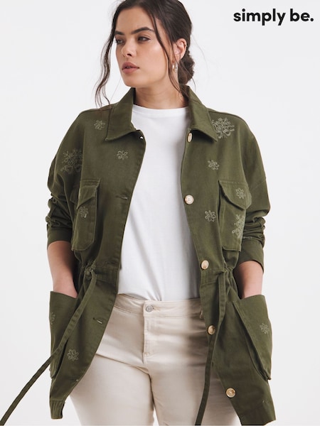 Simply Be Green Floral Embroidered Uitlity 100% Cotton Jacket (F52244) | €66