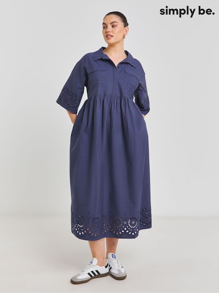 Simply Be Blue Broderie Detail Shirt 100% Cotton Dress (F52245) | €69