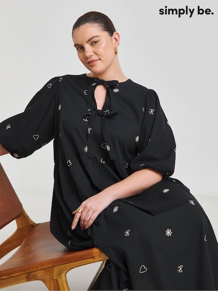 Simply Be Black Embroidered Bow Front Midi 100% Cotton Dress (F52247) | €77