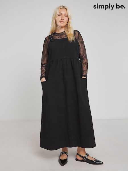 Simply Be Black 100% Cotton Dungaree Denim Midaxi Dress (F52252) | €69