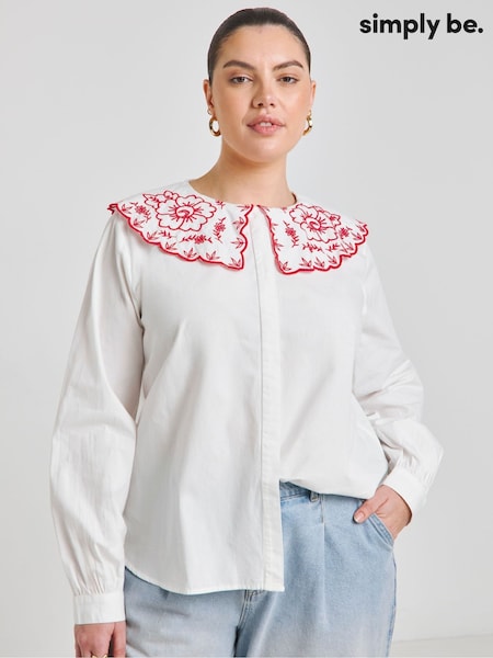 Simply Be White Contrast Embroidered Collar 100% Cotton Blouse (F52260) | €43