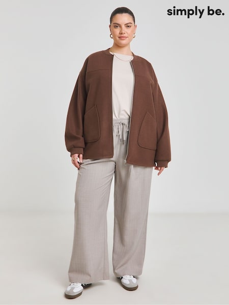 Simply Be Chocolate Brown Faux Wool Zip Front Bomber Jacket (F52262) | ₪302