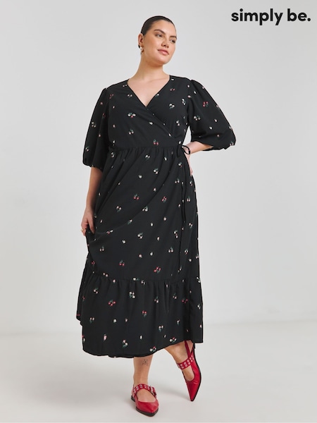 Simply Be Black Puff Sleeve Woven Wrap Midi Dress (F52275) | €51