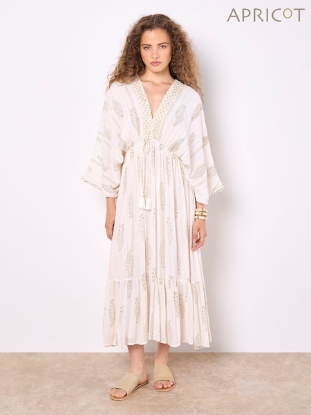 Apricot Cream Gold Print Tassel Tie Maxi Dress (F52306) | €69