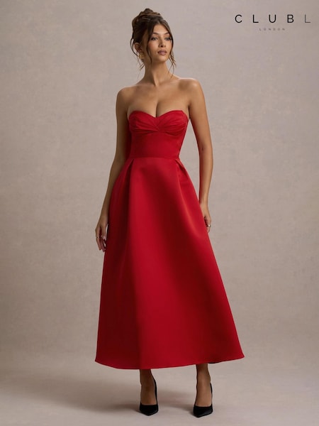 Club L London Red Wintour Satin Sweetheart Midi Dress (F52337) | $346