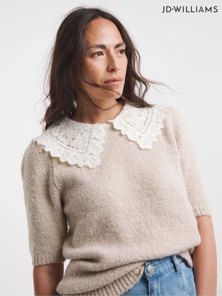 JD Williams Natural Crochet Collar Short Sleeve Jumper (F52404) | €45