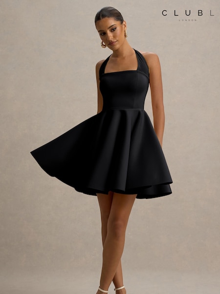 Club L London Black Peggy Halter-Neck Skater Mini Dress (F52420) | R$ 840