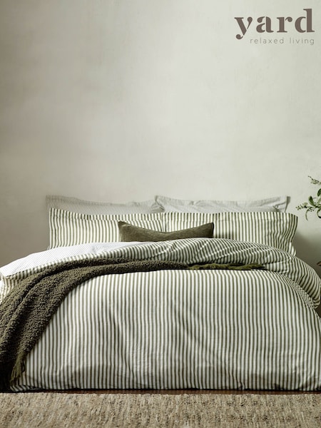 Yard Olive Green Hebden Striped 100% Cotton Duvet Cover and Pillowcase Set (F52425) | €34 - €66
