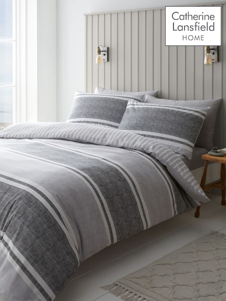 Catherine Lansfield Charcoal Textured Banded Stripe Reversible Duvet Cover Set (F52430) | €23 - €37