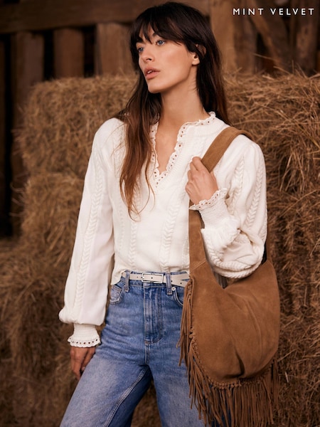 Mint Velvet Cream Neutral Fringed Suede Bag (F52552) | €89