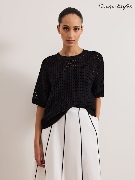 Phase Eight Black Jamelia Boxy Knit 100% Cotton Blouse (F52558) | ₪478