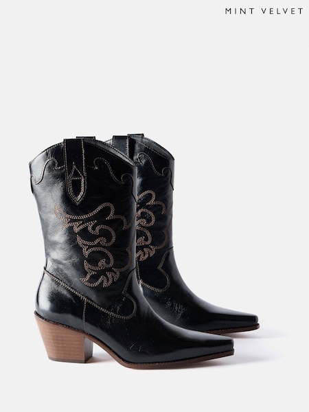 Mint Velvet Black Stitched Cowboy Boots (F52562) | 891 QAR